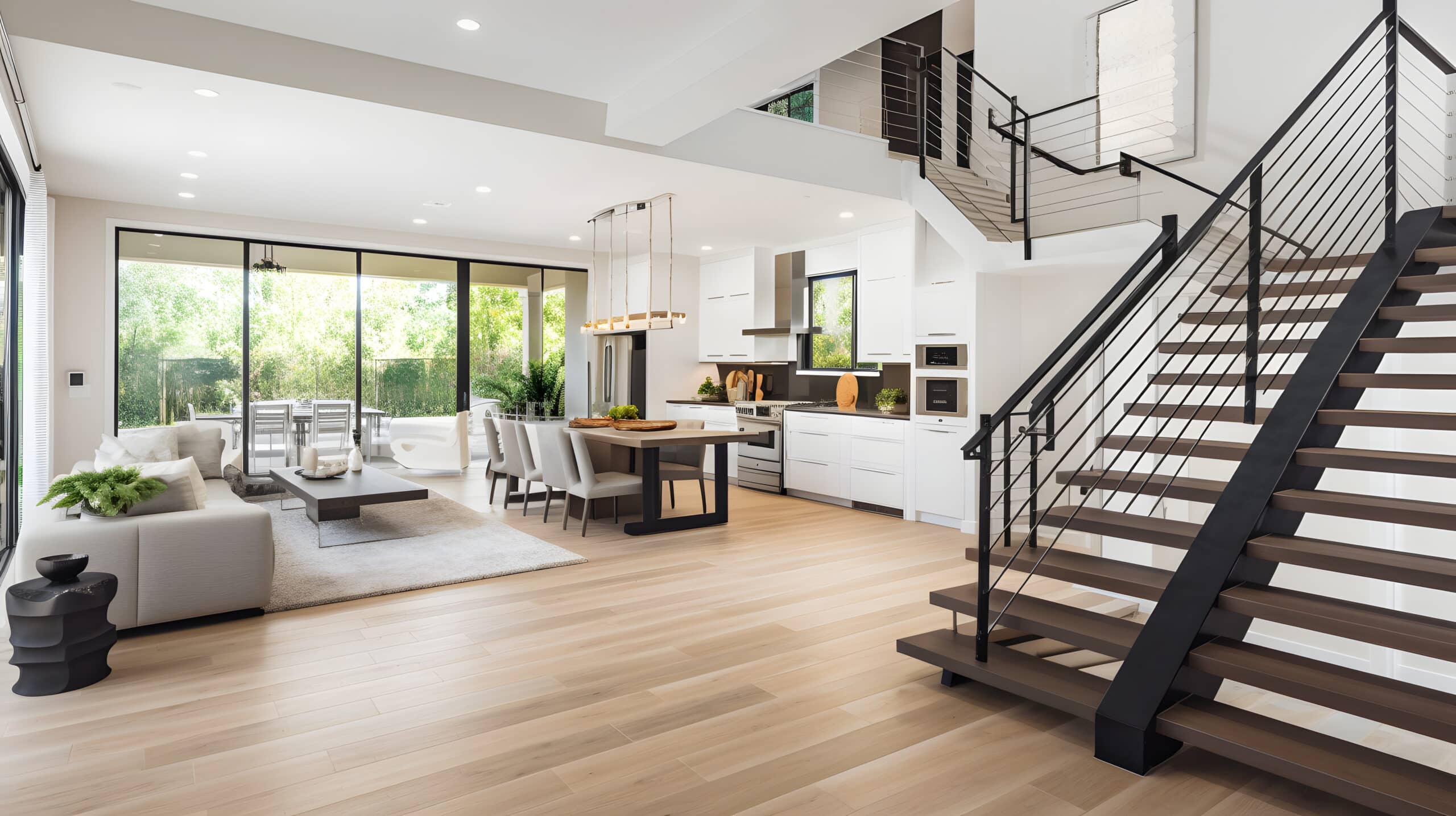 Stylish spacious kitchen and living room with refrigerator and w